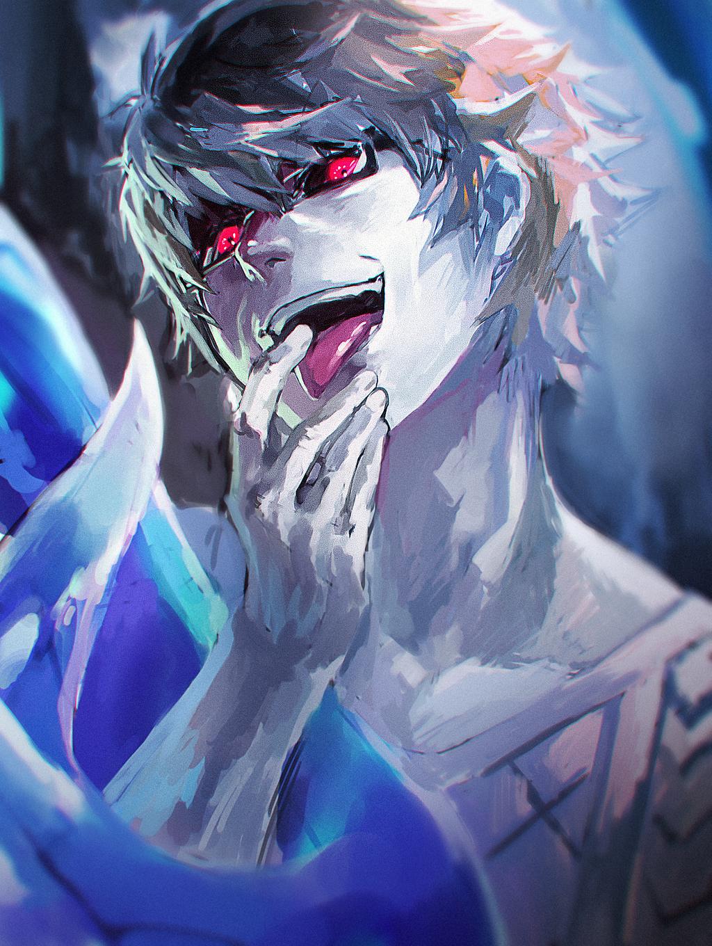 10s 1boy black_sclera brown_hair colored_sclera evil_smile glasses highres kagune_(tokyo_ghoul) looking_at_viewer male_focus nishio_nishiki open_mouth red_eyes short_hair smile sneer solo sweater tokyo_ghoul tongue tongue_out