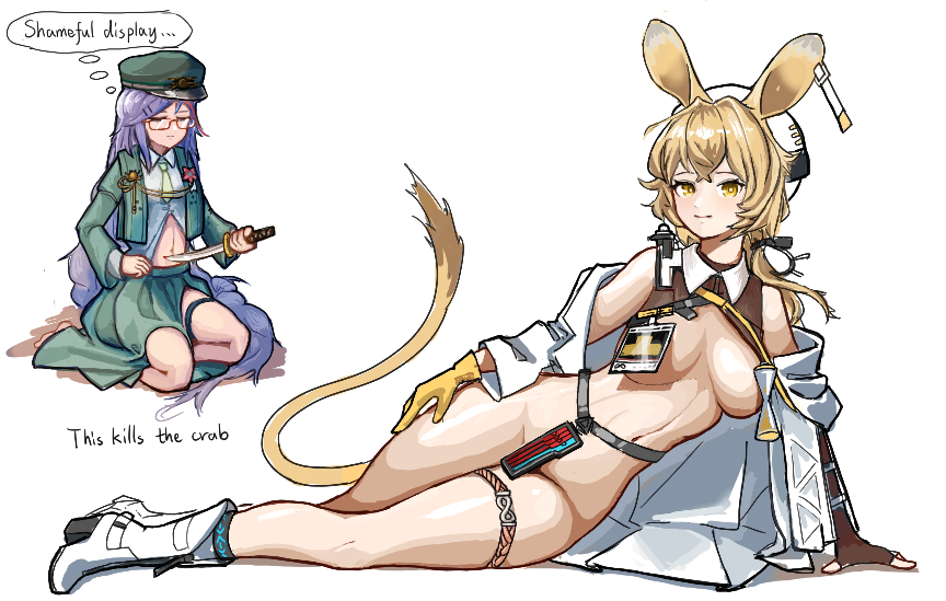 2girls absurdly_long_hair akafuyu_(arknights) akafuyu_(temperament)_(arknights) animal_ears arknights blonde_hair boots convenient_censoring dorothy_(arknights) drawfag earclip english_text female_focus fingerless_gloves full_body glasses gloves hair_ornament hairclip hat holding holding_knife hourglass imminent_suicide infection_monitor_(arknights) jacket knife long_hair looking_at_viewer mouse_ears mouse_tail multiple_girls on_floor open_clothes open_jacket seppuku single_fingerless_glove skirt smile tail thigh_strap very_long_hair white_jacket yellow_eyes yellow_gloves