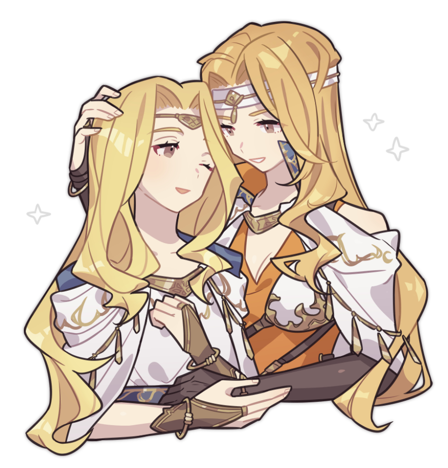 2girls affectionate armor blonde_hair breasts bridal_gauntlets brigid_(fire_emblem) cleavage edain_(fire_emblem) eye_contact eyelashes fire_emblem fire_emblem:_genealogy_of_the_holy_war haconeri hug long_hair looking_at_another medium_breasts multiple_girls nintendo one_eye_closed open_mouth siblings simple_background sisters smile white_background