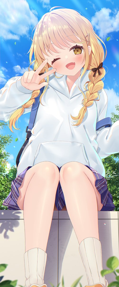 1girl black_bow bow braid cloud fang fujita_kotone gakuen_idolmaster hair_bow hair_ornament highres hood hood_down hoodie idolmaster long_hair one_eye_closed open_mouth plaid_clothes plaid_skirt plant purple_skirt ribbed_socks signature sitting skin_fang skirt sky socks solo twin_braids v v_over_eye white_hoodie white_socks yano_mitsuki_(nanairo)