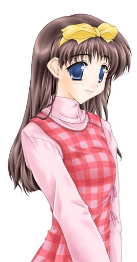 1girl blue_eyes brown_hair checkered_clothes comic_party dress expressionless gingham_dress headband long_hair long_sleeves pink_shirt red_dress ribbon sakurai_asahi shirt short_bangs simple_background solo turtleneck white_background yellow_headband yellow_ribbon