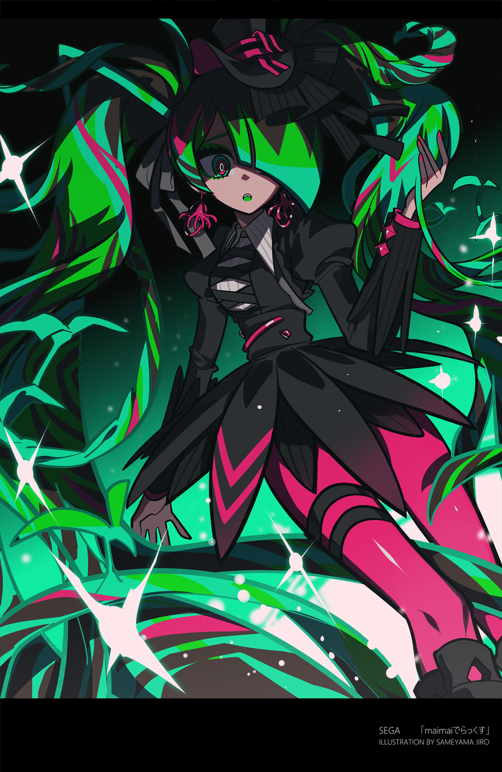 1girl black_dress colored_eyelashes copyright_notice dress green_hair grey_ribbon hair_over_one_eye highres juliet_sleeves long_hair long_sleeves looking_at_viewer maimai_(game) official_art open_mouth pantyhose pink_pantyhose puffy_sleeves ringed_eyes roove_(maimai) sameyama_jiro solo sparkle sprout twintails very_long_hair