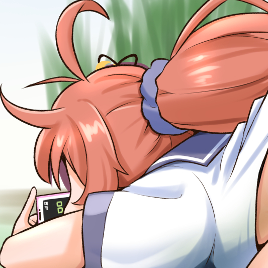 1girl ahoge akashieru all_fours aoba_(kancolle) aoba_(kancolle)_(cosplay) cosplay kantai_collection one-hour_drawing_challenge orange_hair ponytail purple_sailor_collar sailor_collar sailor_shirt school_uniform serafuku shirt solo upper_body uzuki_(kancolle) white_shirt