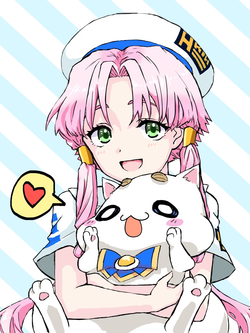 1girl :d animal aria_(manga) aria_company_uniform aria_pokoteng beret blue_background blue_bow blue_bowtie blush bow bowtie cat eyelashes gold_trim green_eyes hair_tubes hat heart highres holding holding_animal holding_cat kuronekoyanagi looking_at_viewer mizunashi_akari open_mouth parted_bangs pink_hair revision sailor_collar short_hair_with_long_locks short_sleeves smile spoken_heart striped_background two-tone_background upper_body white_background white_cat