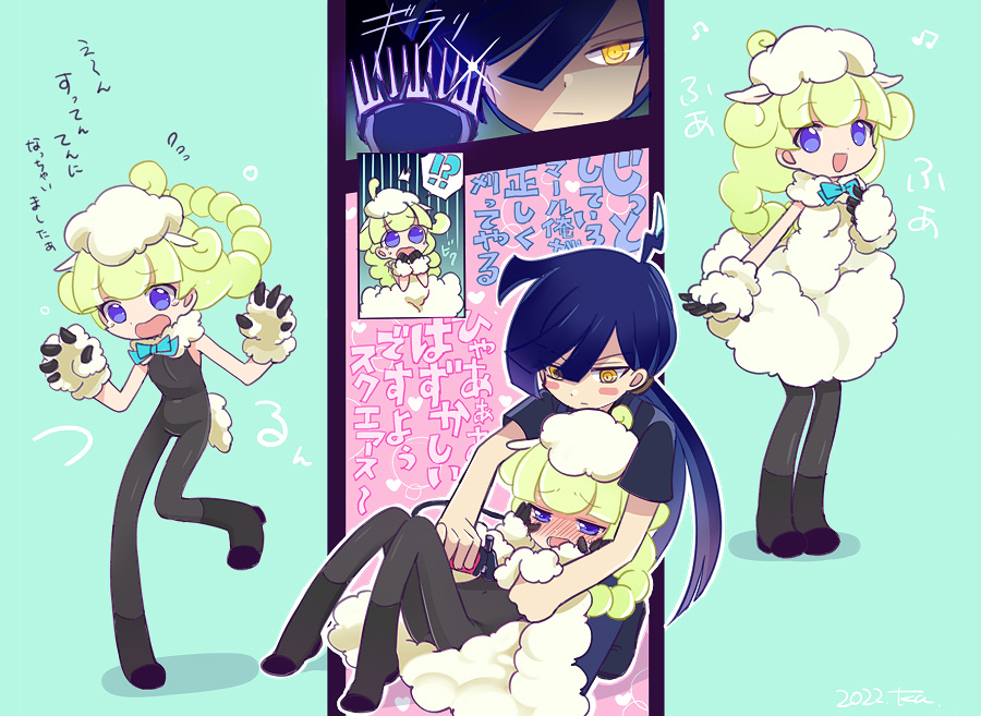 !? 1boy 1girl animal_ears aqua_bow aqua_bowtie before_and_after black_unitard blunt_bangs blush blush_stickers bow bowtie burippoi couple dated deformed double-parted_bangs dress fingerless_gloves full-face_blush fur_dress fur_gloves fur_hat gloves green_background hair_rings hat head_on_chest hetero kemonomimi_mode lightning_ahoge lying marle_(puyopuyo) official_alternate_hair_length official_alternate_hairstyle official_style on_back pantyhose purple_eyes puyopuyo puyopuyo_tetris_2 ringed_eyes shaving sheep_ears sheep_girl sheep_tail signature single_hair_ring squares_(puyopuyo) standing standing_on_one_leg tail translation_request unitard w_arms white_dress white_gloves white_hat wool yellow_eyes