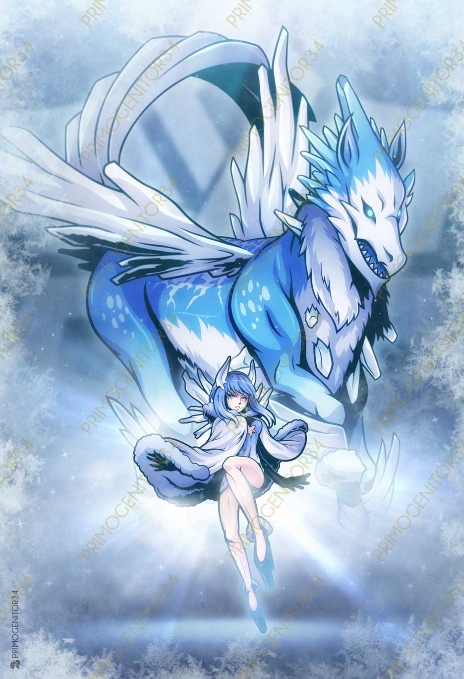1girl blue_eyes blue_hair breasts cape capelet cleavage cleavage_cutout clothing_cutout dragon dragon_girl dress fire_emblem fire_emblem_heroes fur-trimmed_capelet fur_trim high_heels highres ice ice_horns legs mature_female medium_breasts nifl_(fire_emblem) nintendo primogenitor34 thighs transformation white_cape