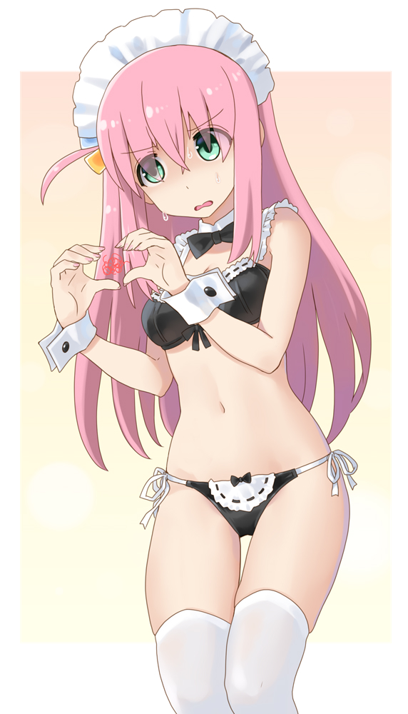 1girl alternate_costume bikini black_bikini black_bow black_bowtie blue_eyes bocchi_the_rock! bow bowtie breasts cube_hair_ornament detached_collar embarrassed enmaided frilled_bikini frills gotoh_hitori hair_between_eyes hair_ornament hair_over_eyes katahira_masashi long_hair maid maid_bikini maid_headdress medium_breasts one_side_up pink_hair side-tie_bikini_bottom solo swimsuit thighhighs unconventional_maid white_thighhighs wrist_cuffs