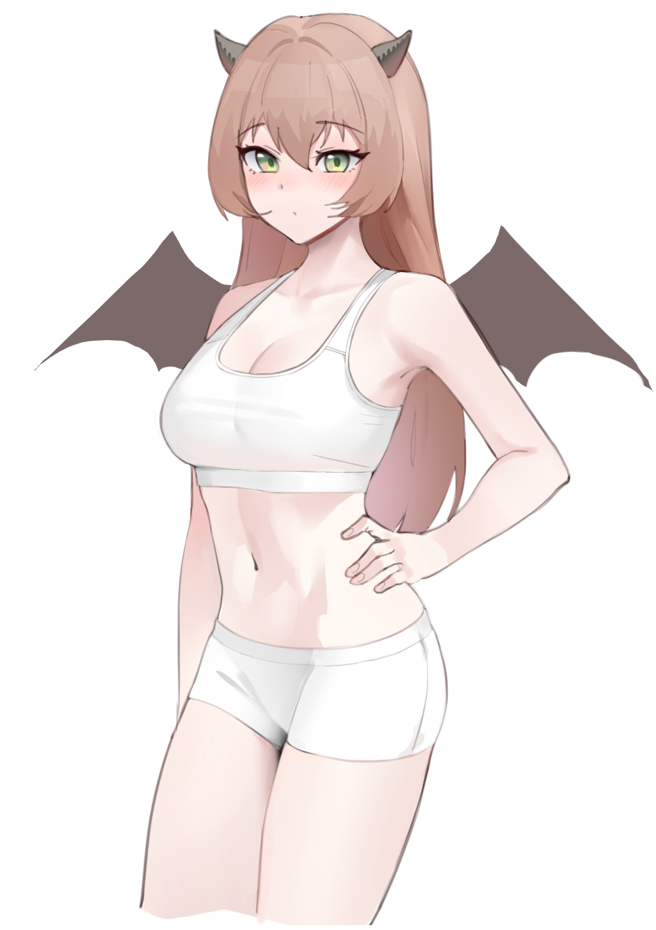 1girl angelic_buster bare_arms blush breasts brown_hair cleavage clipstupid closed_mouth collarbone commentary_request cropped_legs green_eyes hand_on_own_hip highres horns korean_commentary long_hair looking_at_viewer maplestory medium_breasts navel panties simple_background solo sports_bra stomach tear_(maplestory) underwear underwear_only white_background white_panties white_sports_bra wings