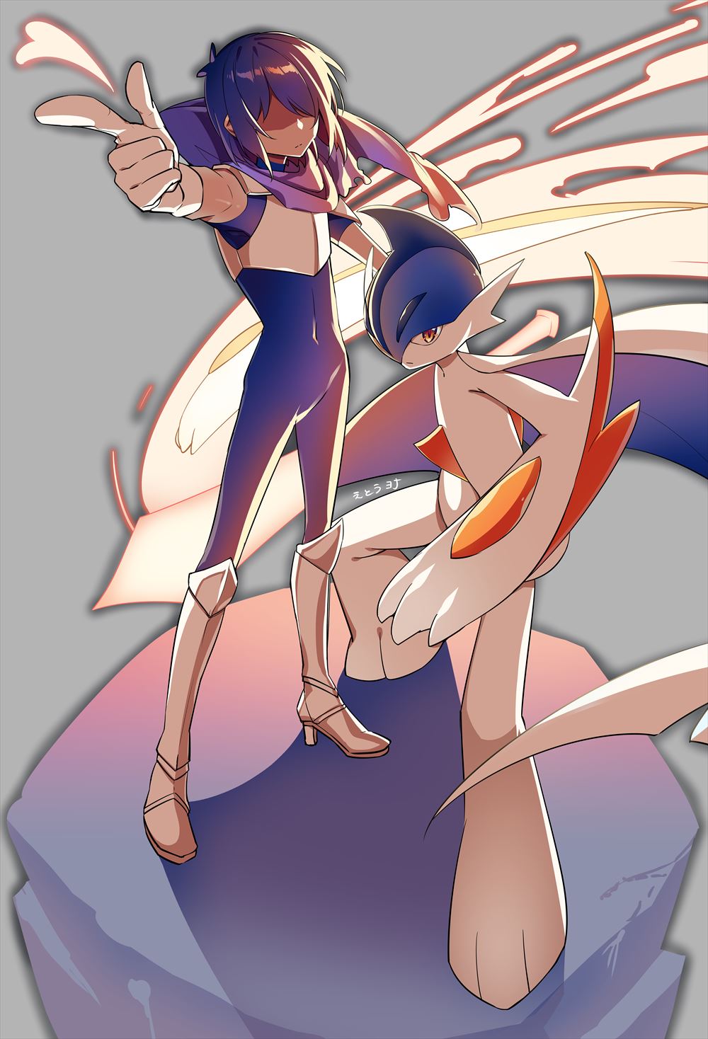1other alternate_color arm_blade colored_skin crossover deltarune gallade gen_4_pokemon hair_over_eyes highres hp_nokoketaetouyona kris_(dark_world)_(deltarune) kris_(deltarune) mega_gallade mega_pokemon mohawk nintendo pokemon pokemon_(creature) shiny_pokemon weapon white_skin
