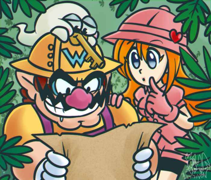 1boy 1girl big_nose bike_shorts blue_eyes brown_hair burntbeebs cleft_chin drooling facial_hair foliage ghost gloves grin hair_between_eyes hand_on_another&#039;s_shoulder heart helmet holding holding_map keyzer long_hair map mona_(warioware) mustache nintendo orange_hair overalls pink_gloves pink_shorts pith_helmet pointy_ears purple_overalls shirt shorts signature smile thick_eyebrows wario wario_land warioware white_gloves yellow_shirt