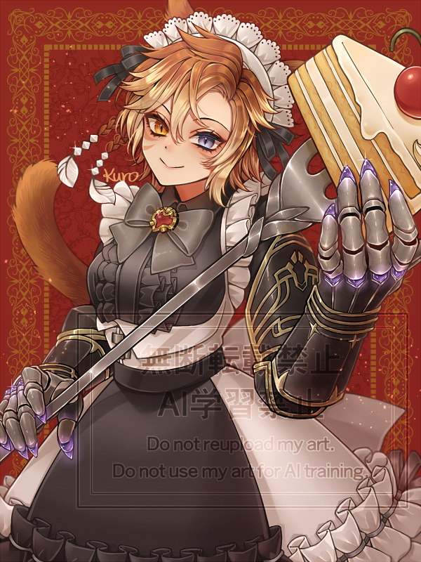 1girl animal_ears black_bow black_dress blonde_hair blue_eyes bow cake cake_slice cat_ears cat_girl cat_tail cherry commentary_request commission cowboy_shot dress facial_mark final_fantasy final_fantasy_xiv food fork frilled_dress frills fruit gauntlets glowing gradient_hair heterochromia holding holding_fork kuro11_222 looking_at_viewer looking_to_the_side maid_headdress miqo&#039;te multicolored_hair orange_eyes orange_hair partial_commentary red_background short_hair skeb_commission slit_pupils smile solo tail two-tone_dress warrior_of_light_(ff14) watermark whisker_markings white_dress