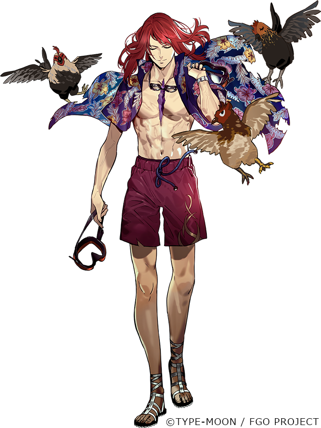 1boy abs bird closed_eyes copyright_notice facing_viewer fate/grand_order fate_(series) floating_clothes floral_print full_body goggles goggles_around_neck hawaiian_shirt holding holding_goggles long_hair male_focus male_swimwear morii_shizuki official_art open_clothes open_shirt pectoral_cleavage pectorals purple_shirt red_hair sandals scar scar_on_chest shirt short_sleeves smile solo standing swept_bangs swim_trunks toenails toes toned toned_male transparent_background tristan_(chicken_of_luluhawa)_(fate) tristan_(fate) unworn_goggles watch wristwatch
