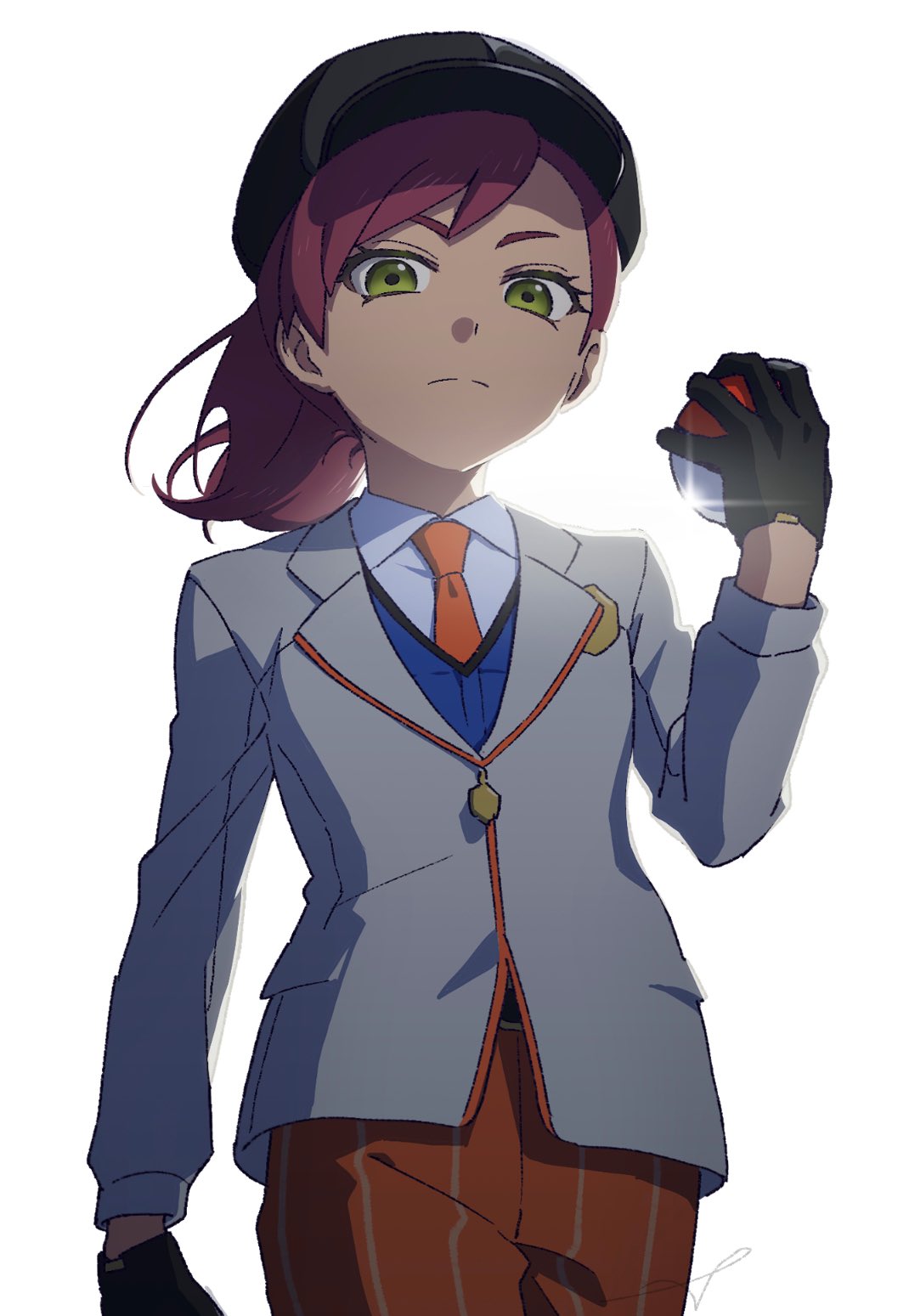 1girl alternate_eye_color alternate_hair_color alternate_hairstyle arm_at_side black_gloves black_hat blue_vest closed_mouth collared_shirt commentary_request creatures_(company) eyelashes frown game_freak gloves green_eyes grey_jacket hand_up hat highres holding holding_poke_ball jacket juliana_(pokemon) long_sleeves looking_at_viewer naranja_academy_school_uniform necktie nintendo orange_necktie orange_pants pants poke_ball poke_ball_(basic) pokemon pokemon_sv ponytail purple_hair sankaku school_uniform shirt simple_background solo split_mouth vest white_background white_shirt