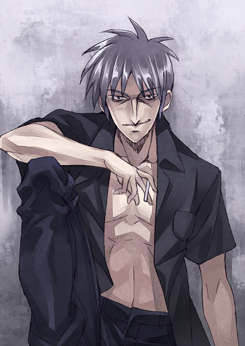 1boy akagi akagi:_yami_ni_oritatta_tensai akagi_shigeru bad_id bad_pixiv_id black_shirt blouse cigarette fukumoto_mahjong highres looking_at_viewer male_focus matsuryuu open_clothes open_shirt pointy_nose shirt silver_hair smile solo