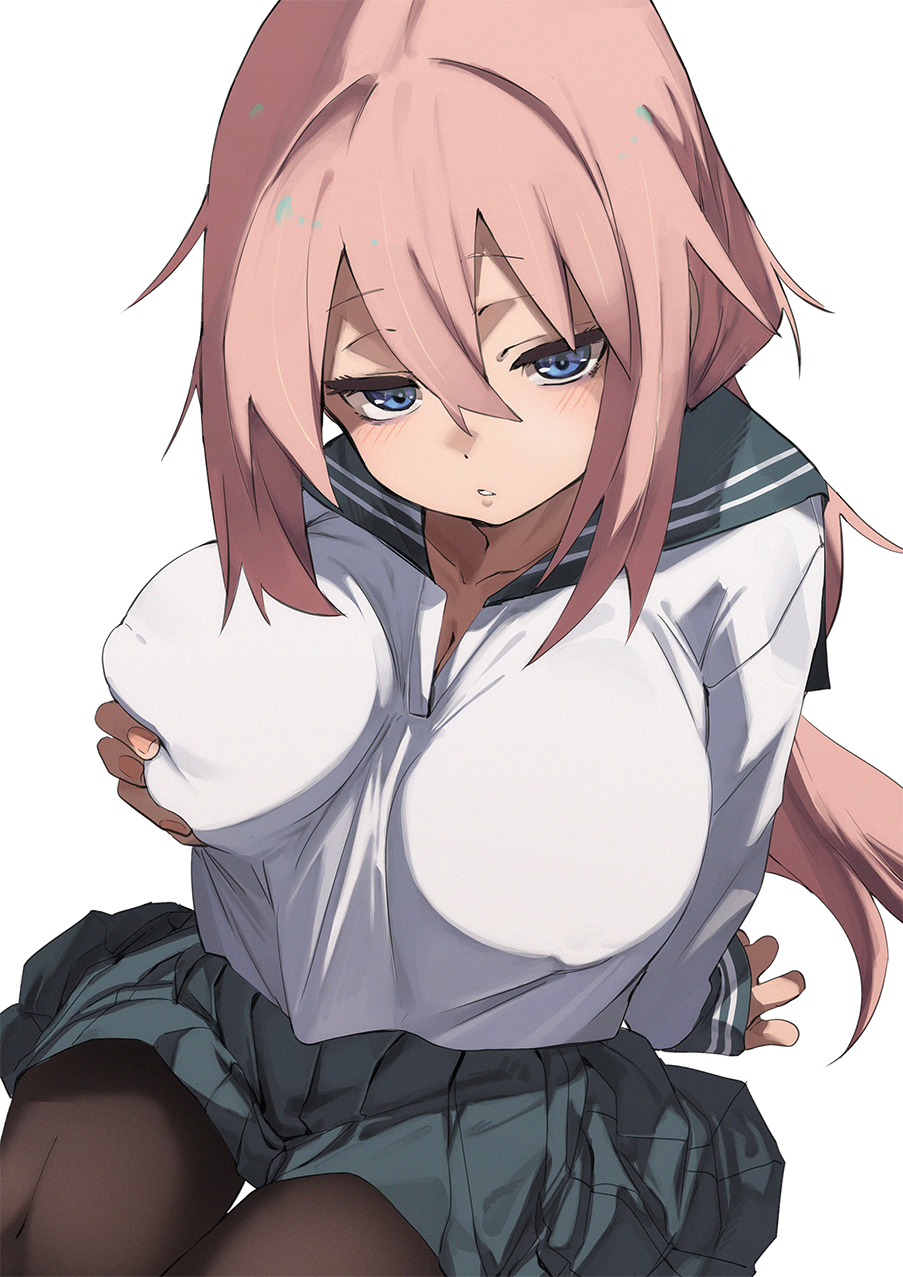 1girl blue_eyes blue_skirt blush breasts brown_pantyhose closed_mouth commentary_request fu-ta grabbing_own_breast hair_between_eyes highres large_breasts long_hair long_sleeves looking_at_viewer michinoku_komaro pantyhose school_uniform seitokai_ni_mo_ana_wa_aru! shirt skirt solo white_background white_shirt