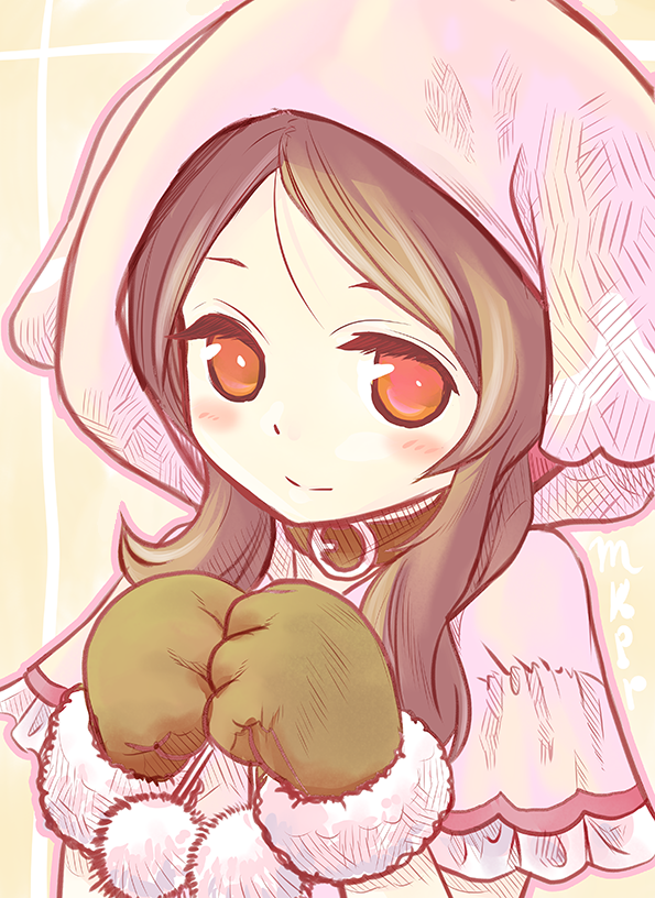 1girl belt_collar black_collar blush brown_gloves brown_hair capelet closed_mouth collar commentary_request frilled_capelet frills fur-trimmed_gloves fur_trim gloves hands_up hood hood_up long_hair maki_(nasulily) ouka_miko parted_bangs pink_capelet pom_pom_(clothes) red_eyes smile solo upper_body utau yellow_background