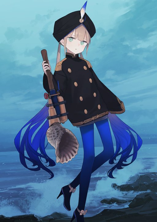 1boy androgynous astg beach black_jacket black_shoes black_turban blue_background blue_hair blue_pantyhose blunt_bangs bow brown_hair brown_shorts buttons captain_nemo_(fate) captain_nemo_(second_ascension)_(fate) conch double-breasted epaulettes expressionless fate/grand_order fate_(series) footwear_bow full_body game_cg gradient_hair green_eyes hand_up hat_feather high_collar high_heels holding horizon jacket leg_up long_hair looking_at_viewer low_twintails male_focus multicolored_hair nemo_(fate) object_request official_art overcast pantyhose pantyhose_under_shorts parted_lips seashell shell shoes short_shorts shorts sidelocks single_sleeve_past_fingers sky solo standing standing_on_one_leg stiletto_heels third-party_source twintails variant_set very_long_hair waves