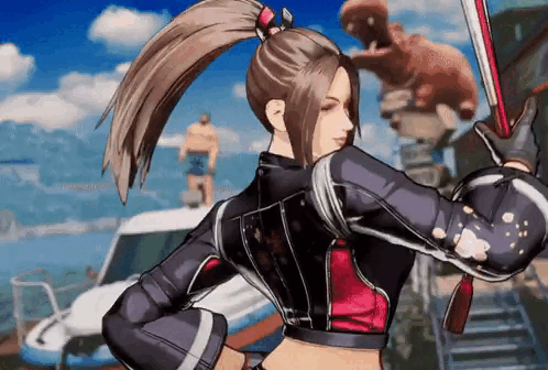 1girl 3d animated animated_gif ass black_gloves black_jacket black_pants bouncing_breasts breasts brown_eyes brown_hair cleavage fatal_fury fatal_fury:_city_of_the_wolves game_screenshot gloves hand_fan hand_on_own_hip holding holding_fan jacket large_breasts leather leather_jacket looking_at_viewer matching_hair/eyes midriff navel one_eye_closed pants ponytail shiranui_mai snk wink