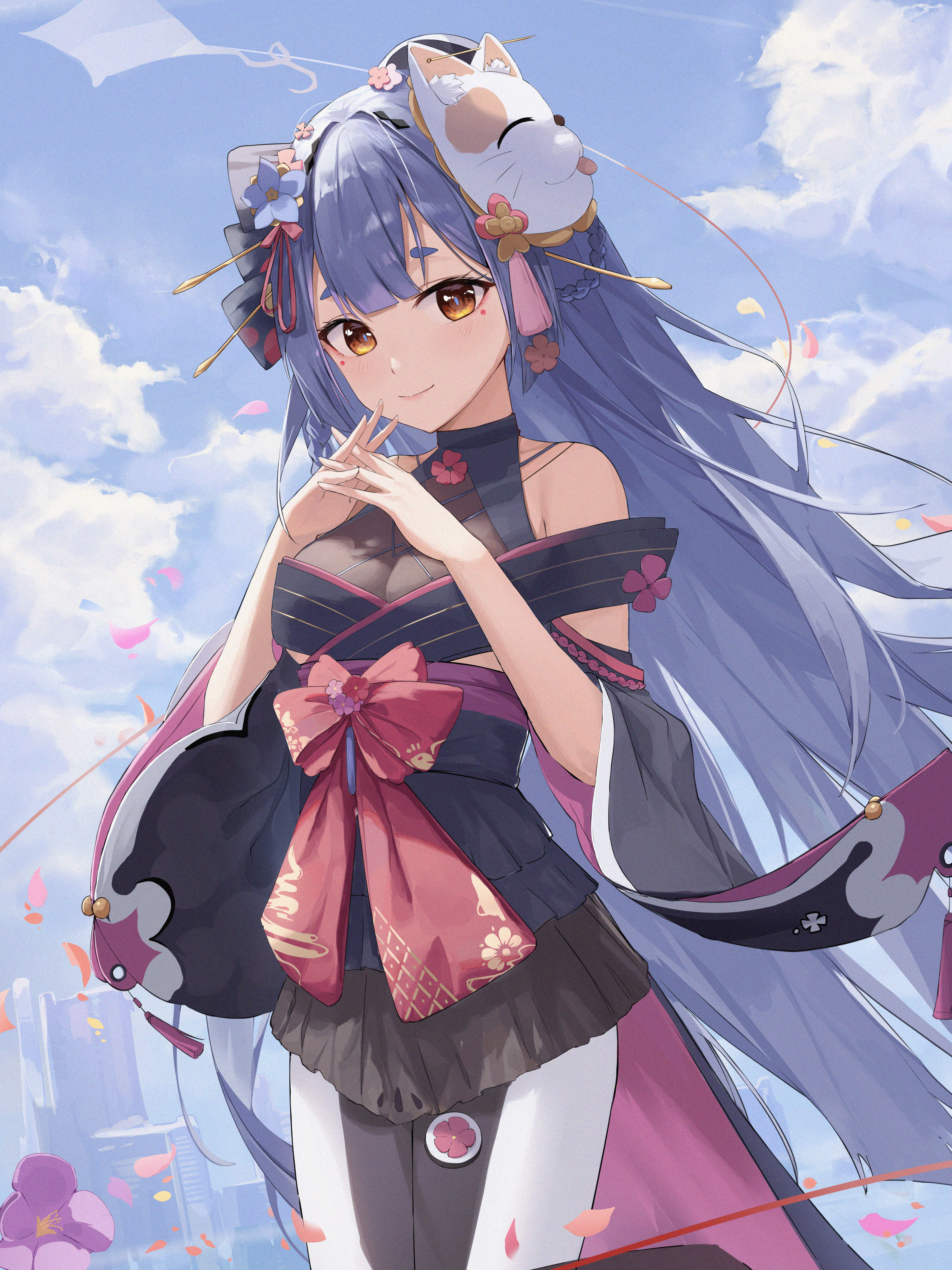 1girl absurdres azusa_(vtuber) virtuareal_link bare_shoulders beten blue_hair blue_sky bow breasts brown_eyes chinese_commentary cleavage closed_mouth cloud commentary cowboy_shot flower fox_mask hair_flower hair_ornament highres long_hair looking_at_viewer mask mask_on_head medium_breasts nijisanji outdoors pantyhose petals sash skirt sky smile solo standing very_long_hair virtual_youtuber virtuareal wide_sleeves yellow_eyes