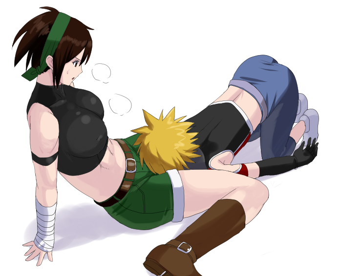 1boy 1girl 78_(tky8) bandaged_wrist bandages bandit_(tales_of_destiny_2) belt black_gloves black_skirt black_sports_bra blonde_hair blue_pants boots breasts brown_belt brown_eyes brown_footwear brown_hair commentary_request elbow_gloves full_body gloves green_hairband green_shorts grey_hair hairband head_between_thighs kyle_dunamis large_breasts looking_at_another midriff navel open_mouth pants short_hair shorts simple_background sitting skirt sports_bra tales_of_(series) tales_of_destiny tales_of_destiny_2 wariza white_background