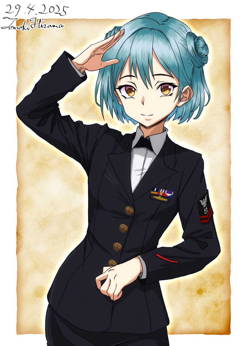 1girl alternate_costume artist_name black_bow black_bowtie black_jacket black_skirt blue_hair bow bowtie collared_shirt dated double_bun hair_bun highres hisamatomoki jacket kantai_collection long_sleeves looking_at_viewer military_dress_uniform military_rank_insignia military_uniform naval_dress_uniform naval_uniform navy_cross one-hour_drawing_challenge ribbon_bar salute samuel_b._roberts_(kancolle) shirt short_hair skirt smile solo united_states_navy white_shirt yellow_eyes