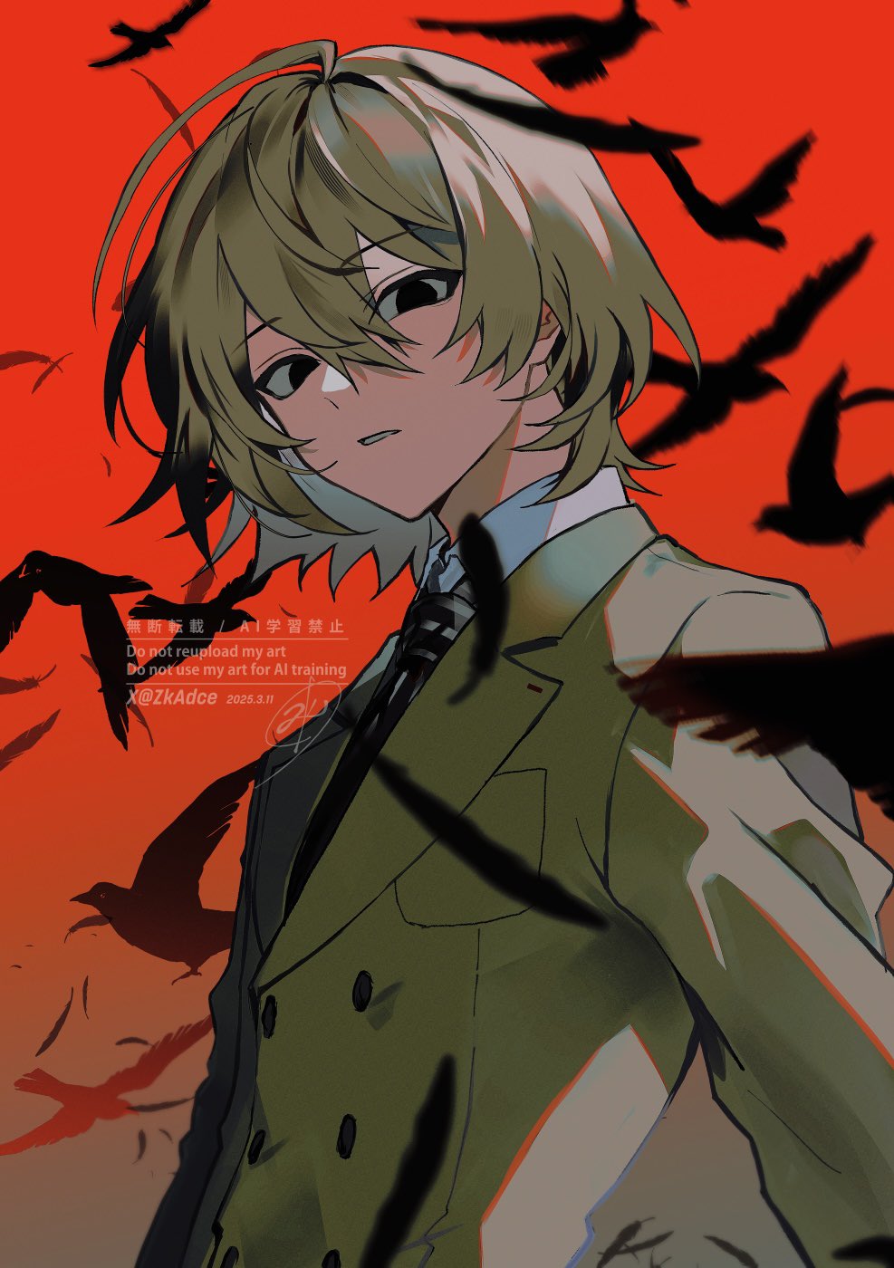 1boy akechi_gorou bird black_feathers brown_hair brown_jacket buttons collared_shirt falling_feathers feathers gradient_background hair_between_eyes highres jacket long_sleeves looking_at_viewer male_focus necktie parted_lips persona persona_5 red_background shirt short_hair solo three_quarter_view upper_body watermark white_shirt zeka_(skzk_cm)