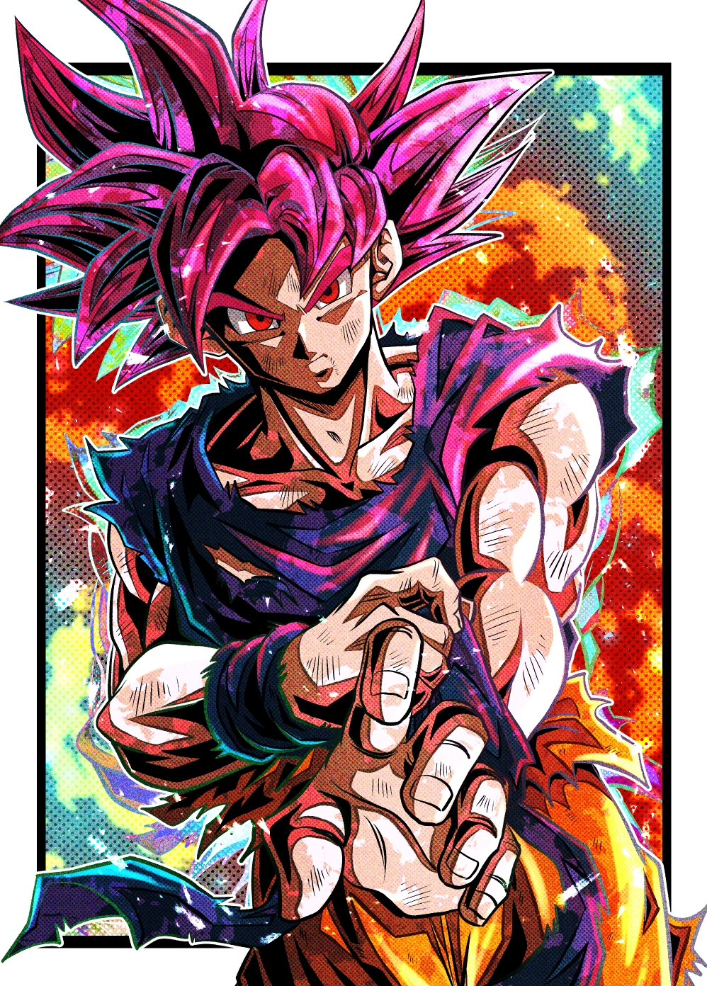 1boy biceps blue_shirt border closed_mouth collarbone dragon_ball dragon_ball_z_kami_to_kami dragonball_z frown highres looking_at_viewer male_focus multicolored_background muscular muscular_male orange_pants outside_border outstretched_arm pants polka_dot polka_dot_background red_eyes red_hair scratches serious shirt simple_background solo son_goku spiked_hair super_saiyan super_saiyan_god torn_clothes torn_pants torn_shirt ushi_(akabec0) v-shaped_eyebrows white_border wristband