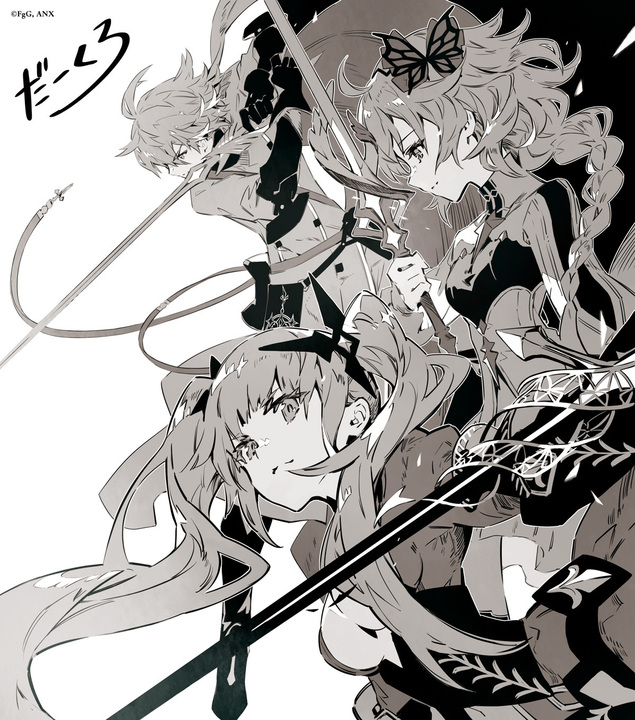 1boy 2girls ahoge aster_tatariqus braid breasts butterfly_hair_ornament closed_mouth commentary_request da-kuro dinatan_(aster_tatariqus) gloves grey_scales guinevere_(aster_tatariqus) hair_ornament holding holding_sword holding_weapon lancelot_(aster_tatariqus) long_hair medium_breasts monochrome multiple_girls official_art pants profile second-party_source signature smile sword twintails very_long_hair weapon