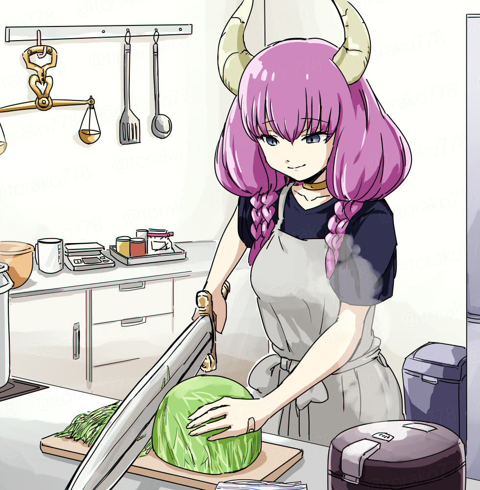 1girl apron aura_(sousou_no_frieren) blue_eyes cabbage contemporary cooking cutting cutting_board horns indoors kitchen ladle long_hair pink_hair rice_cooker solo sousou_no_frieren spatula steam sword torako_(toramaru) weapon weighing_scale