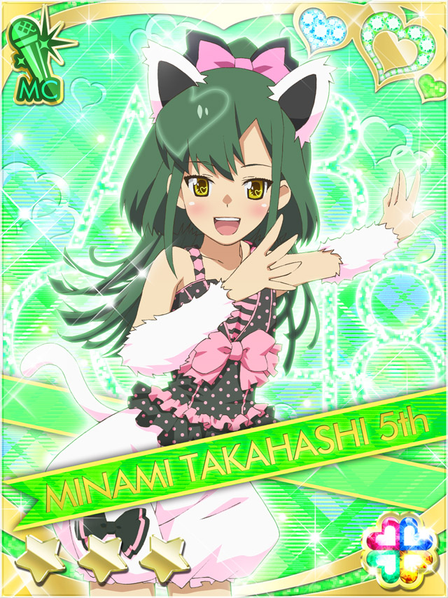 1girl :d akb0048 animal_ears black_bow blush bow camisole cat_ears cat_tail character_name collarbone cowboy_shot fake_animal_ears fake_tail frilled_shirt frills green_eyes hair_bow heart high_ponytail long_hair looking_at_viewer non-web_source official_art open_mouth outstretched_arm pink_bow polka_dot_camisole ponytail puffy_shorts shirt shorts smile solo sparkle standing star_(symbol) tail takahashi_minami_(akb0048) teeth upper_teeth_only white_shorts white_tail yellow_eyes