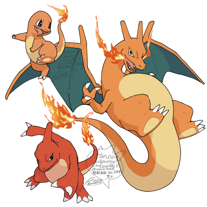 :d breath_weapon breathing_fire charizard charmander charmeleon claws commentary evolutionary_line fangs fire flame-tipped_tail gen_1_pokemon nintendo no_humans open_mouth pokemon pokemon_(creature) sagemaru-br signature smile tail tongue white_background