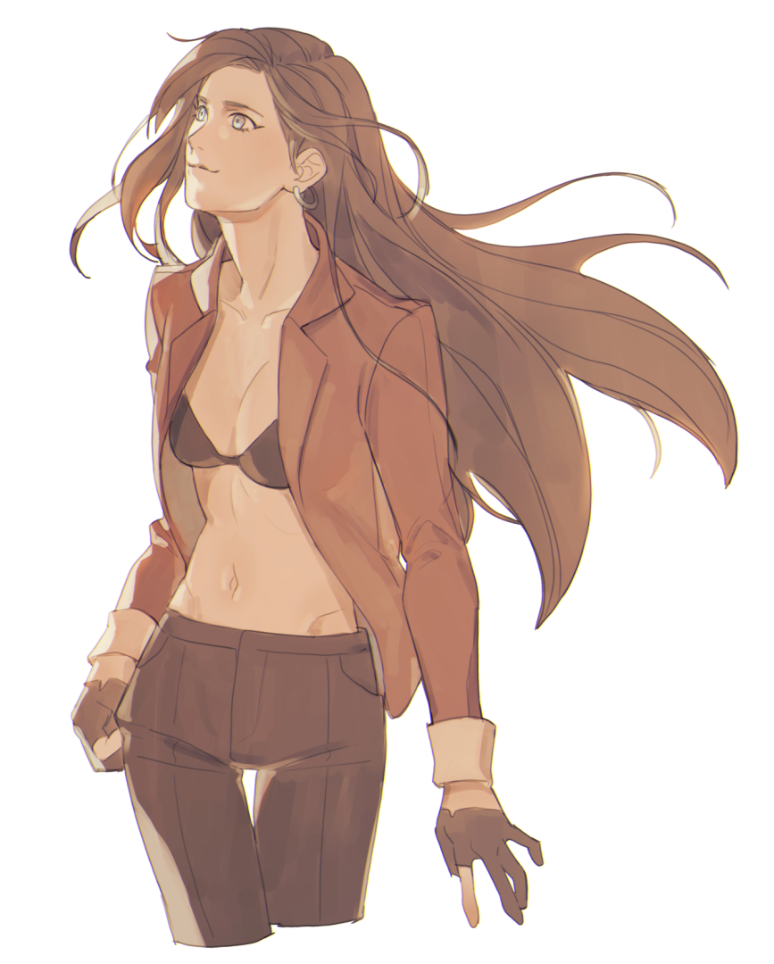 1girl alternate_costume black_bra black_gloves black_pants bra breasts brown_hair brown_jacket cleavage earrings female_focus gloves grey_eyes jacket jewelry jojo_no_kimyou_na_bouken lisa_lisa long_hair looking_afar midriff navel open_clothes open_jacket pants partially_fingerless_gloves pil_tor simple_background solo standing underwear white_background
