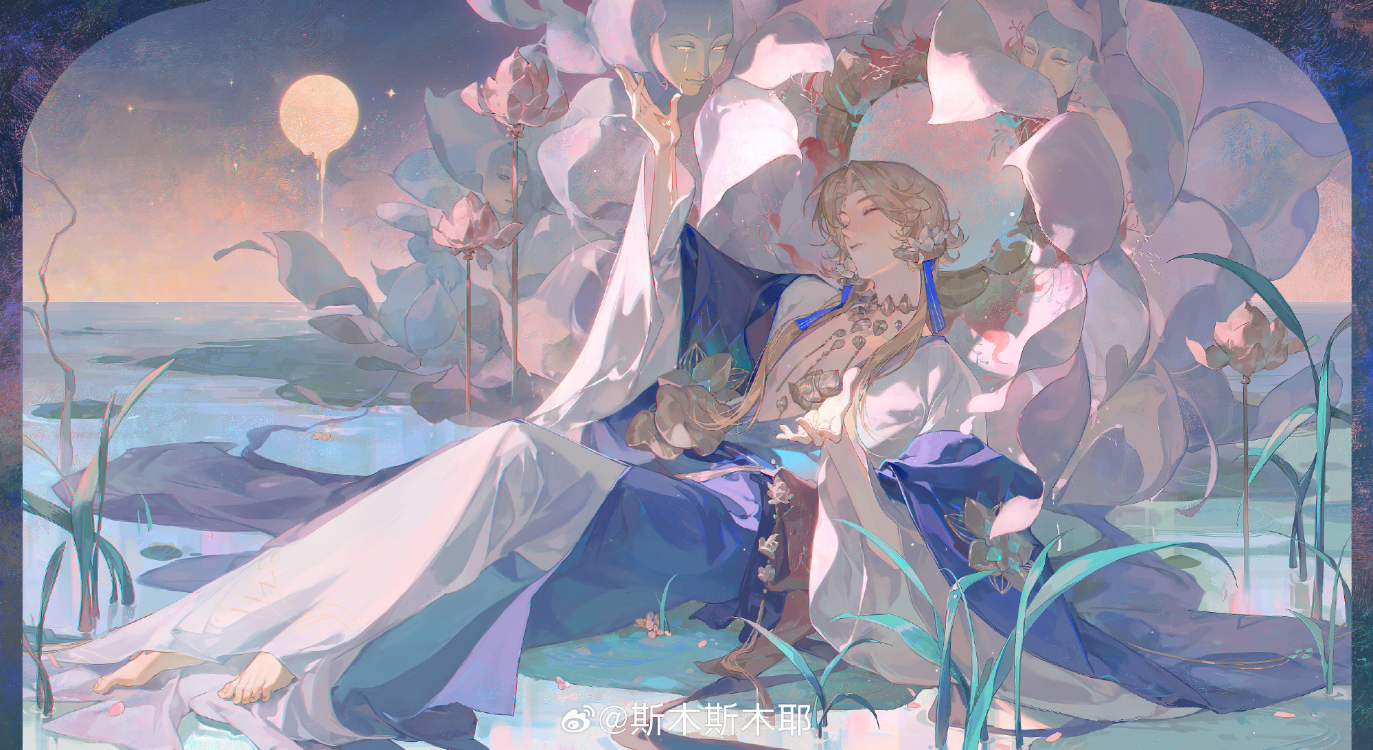 artist_name barefoot blonde_hair chinese_text closed_eyes facial_mark forehead_mark full_moon highres long_hair long_sleeves low_neckline moon on_water open_hands outdoors sitting_on_water star_(sky) tears water water_drop weibo_6705424934 white_lotus