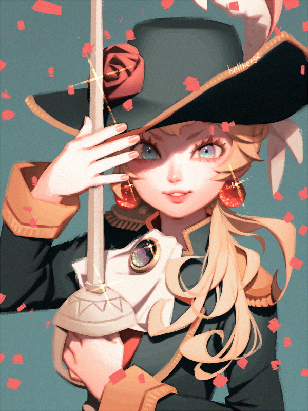 1girl aristocratic_clothes artist_name ascot bellhenge blonde_hair blue_background blue_eyes blue_hat blue_jacket brooch earrings flower gloves hat hat_feather holding holding_sword holding_weapon jacket jewelry looking_at_viewer mario_(series) nintendo official_alternate_costume open_clothes open_jacket pants petals princess_peach princess_peach:_showtime! rapier red_flower red_rose red_vest rose rose_petals solo sphere_earrings sword swordfighter_peach upper_body vest watermark weapon white_ascot white_gloves white_pants