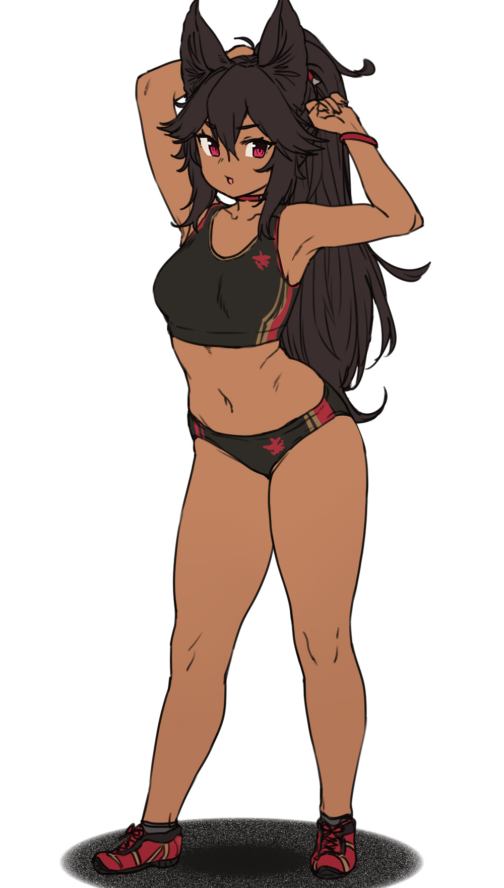 1girl animal_ears arm_up bare_shoulders black_hair black_sports_bra cerberus_(houtengeki) dark-skinned_female dark_skin full_body highres houtengeki navel original ponytail red_eyes red_shoes shoes simple_background solo sports_bra standing stomach striped_buruma striped_clothes thighs white_background