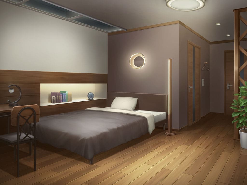 artist_request bed bedroom book ceiling_light chair clock desk desk_lamp door game_cg indoors lamp magia_record:_mahou_shoujo_madoka_magica_gaiden mahou_shoujo_madoka_magica night no_humans official_art pillow plant potted_plant round_window scenery stuffed_toy window wooden_floor