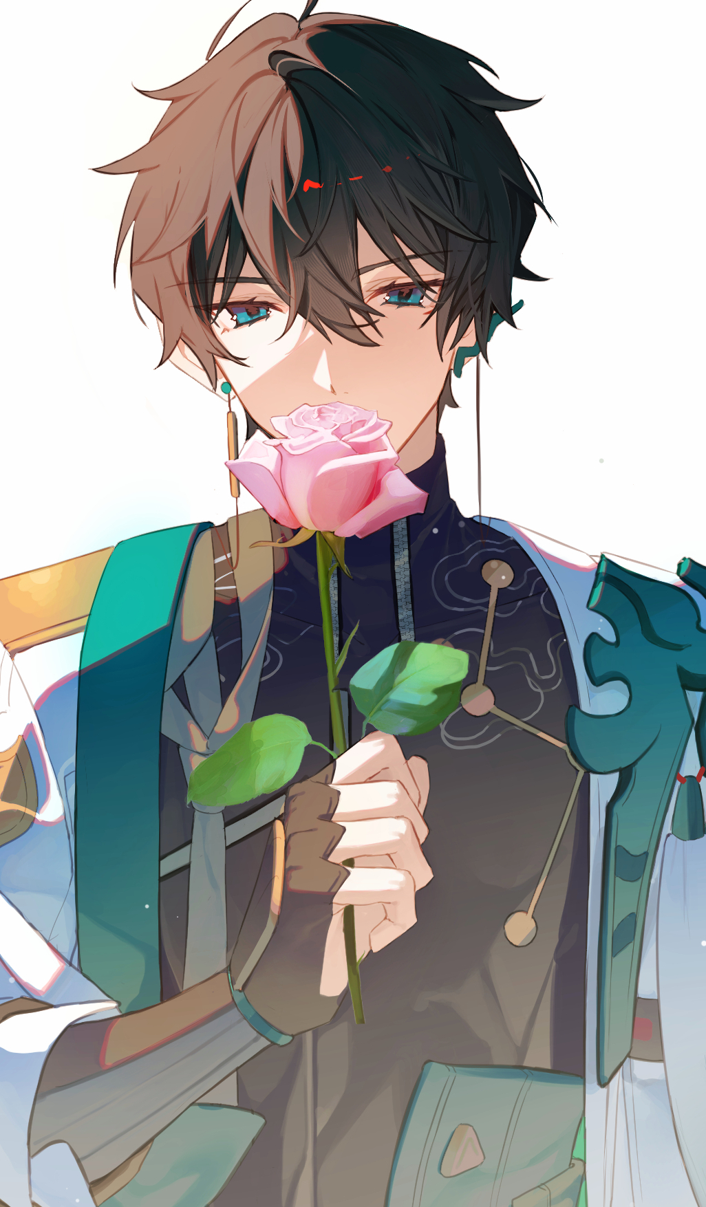 1boy ahoge armor black_gloves black_hair black_shirt blue_eyes coat constellation_print covering_own_mouth dan_heng_(honkai:_star_rail) dan_heng_(hunt)_(honkai:_star_rail) earrings eyeshadow fingerless_gloves flower gloves hair_between_eyes hand_up highres holding holding_flower honkai:_star_rail honkai_(series) jewelry leaf long_sleeves looking_at_viewer makeup male_focus open_clothes open_coat pink_flower pink_rose red_eyeshadow rose shirt short_hair shotgunman shoulder_armor simple_background single_earring solo standing tassel white_background white_coat zipper