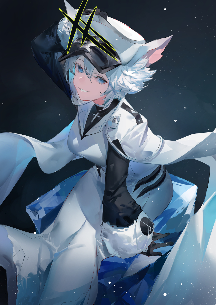 1girl alchemy_stars animal_ears black_gloves blazpu blue_eyes breasts cape cat_ears cross dress feet_out_of_frame gloves hand_on_headwear hat highres ice latin_cross long_sleeves looking_at_viewer medium_breasts open_mouth peaked_cap philyshy_(alchemy_stars) short_hair sitting smile solo teeth white_cape white_dress white_hair white_hat