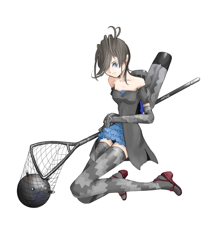 1girl antenna_hair camouflage chimney collarbone dress explosive female_focus funnel_(tool) grey_thighhighs hair_over_one_eye hand_net kriegsmarine mecha_musume military mine_(weapon) nano_(nanosize) naval_mine original personification print_thighhighs ship short_hair simple_background solo thighhighs watercraft weapon world_war_ii