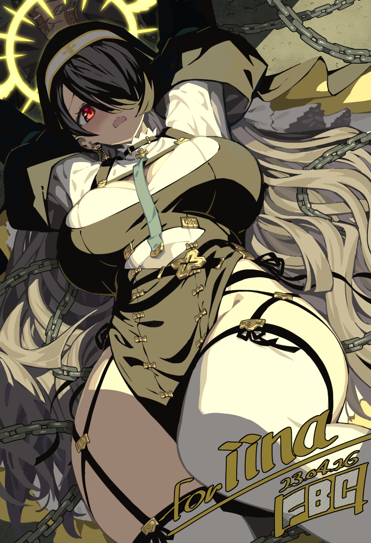 1girl arms_up black_hair blue_archive blush breasts cleavage_cutout clothing_cutout cross cross_earrings earrings fbc habit hair_over_one_eye hair_spread_out halo hinata_(blue_archive) jewelry large_breasts long_hair long_sleeves looking_at_viewer lying nun on_back open_mouth red_eyes solo thighhighs very_long_hair white_thighhighs yellow_halo