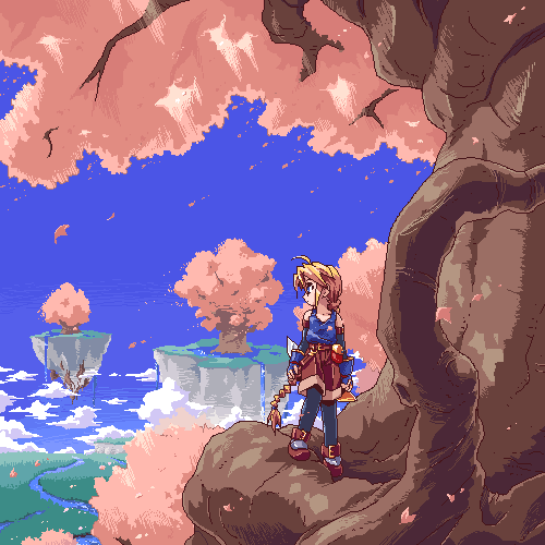 1girl ahoge blonde_hair blouse blue_eyes blue_shirt braid cherry_blossoms female_focus girl_with_a_blonde_braid_(tomoshibi_hidekazu) landscape long_hair lowres mof oekaki original plant_roots redrantem redrantem&#039;s_orange_haired_girl scenery shirt solo tomoshibi_hidekazu very_long_hair