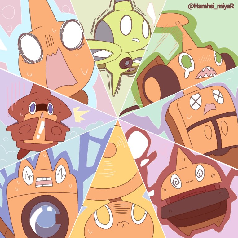 ! @_@ artist_name body_switch closed_mouth commentary_request drone_rotom gen_4_pokemon hamhsi_miyar nintendo no_humans open_mouth personality_switch pokemon pokemon_(creature) rotom rotom_(fan) rotom_(frost) rotom_(heat) rotom_(mow) rotom_(normal) rotom_(wash) rotom_dex sharp_teeth sweat sweatdrop teeth watermark wavy_mouth