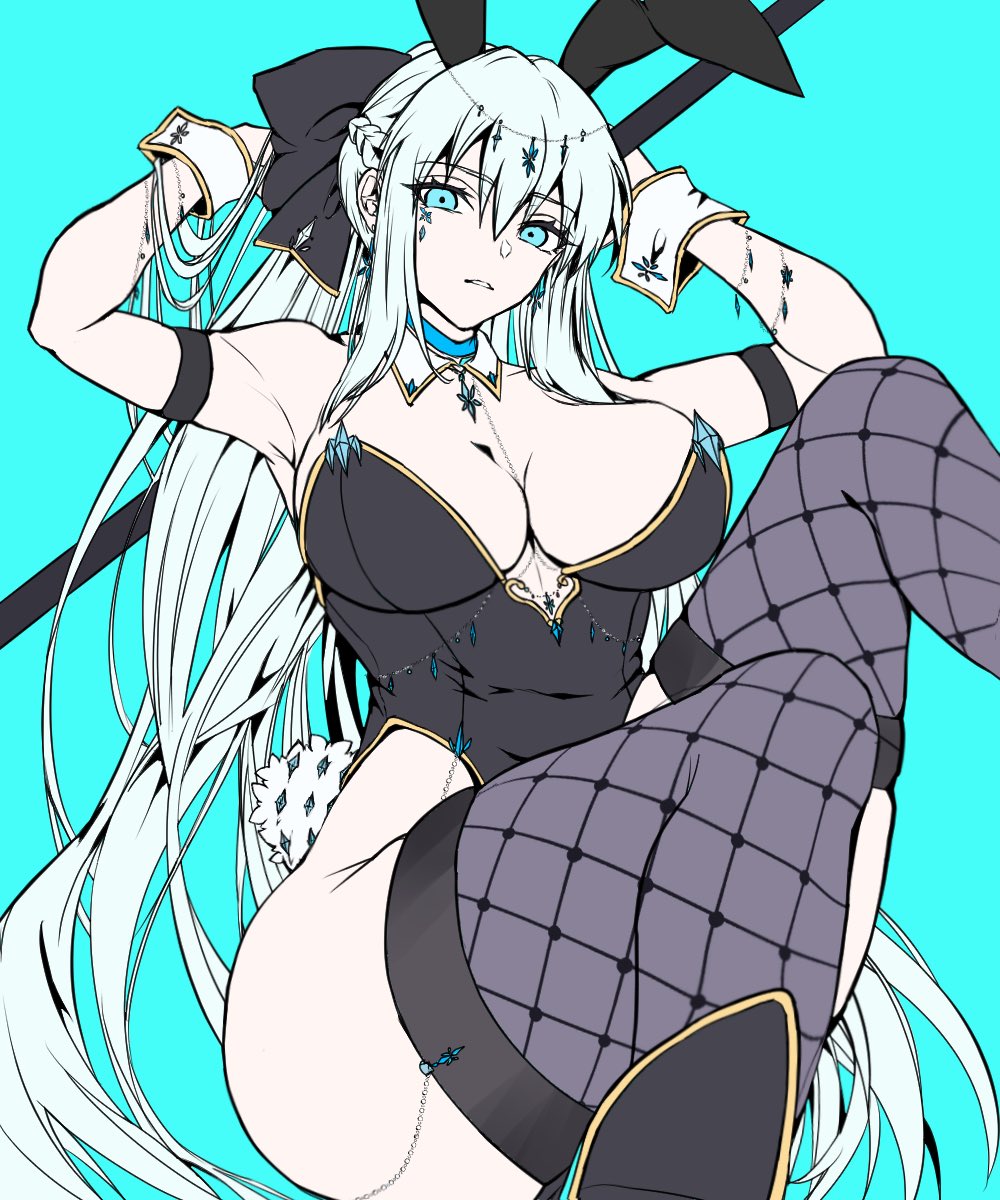 1girl animal_ears black_leotard black_thighhighs blue_background blue_eyes breasts fake_animal_ears fate/grand_order fate_(series) fishnet_thighhighs fishnets hair_ribbon hands_up highres large_breasts leotard long_hair morgan_le_fay_(fate) ponytail rabbit_ears rabbit_tail ribbon satou_nui solo tail thighhighs white_hair