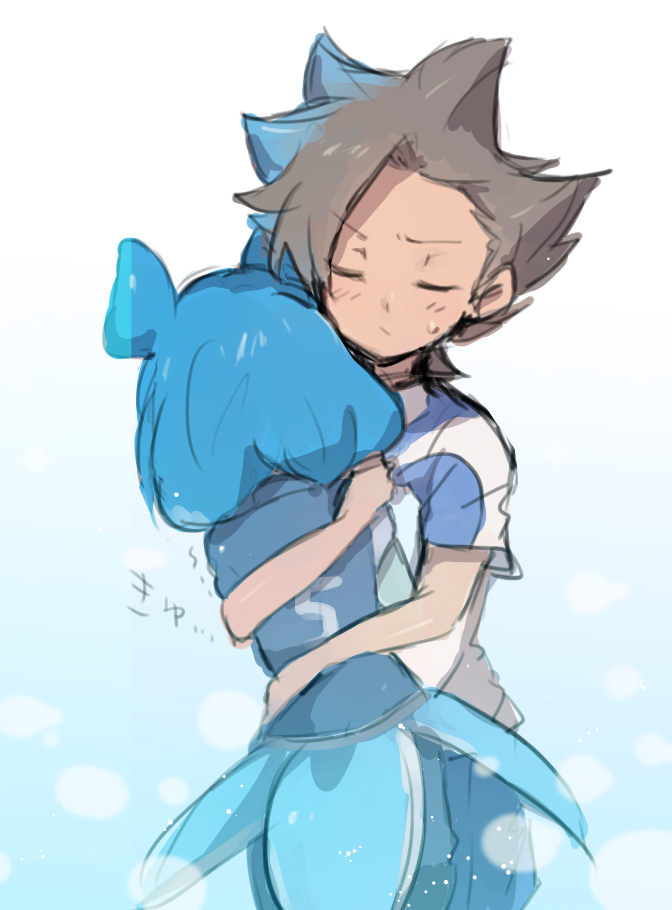 10s 1boy 1girl bad_id bad_pixiv_id blue_hair blue_skin blush brown_hair colored_skin closed_eyes hetero hug inazuma_eleven_(series) inazuma_eleven_go inazuma_eleven_go_galaxy matatagi_hayato multicolored_hair nankai powai_pichori shinsei_inazuma_japan soccer_uniform sportswear two-tone_hair