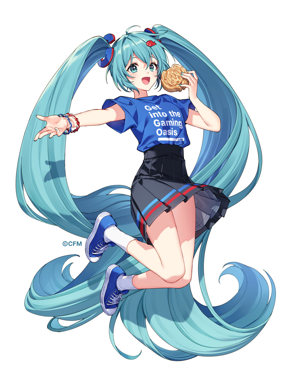 1girl :d aqua_eyes aqua_hair aqua_nails bracelet copyright_name fish_hair_ornament food gigo hair_ornament hatsune_miku high-waist_skirt highres holding holding_food jewelry jumping long_hair nardack official_art open_mouth outstretched_arm outstretched_hand pleated_skirt print_shirt shirt shoes simple_background skirt smile sneakers socks solo taiyaki twintails very_long_hair vocaloid wagashi white_background white_socks