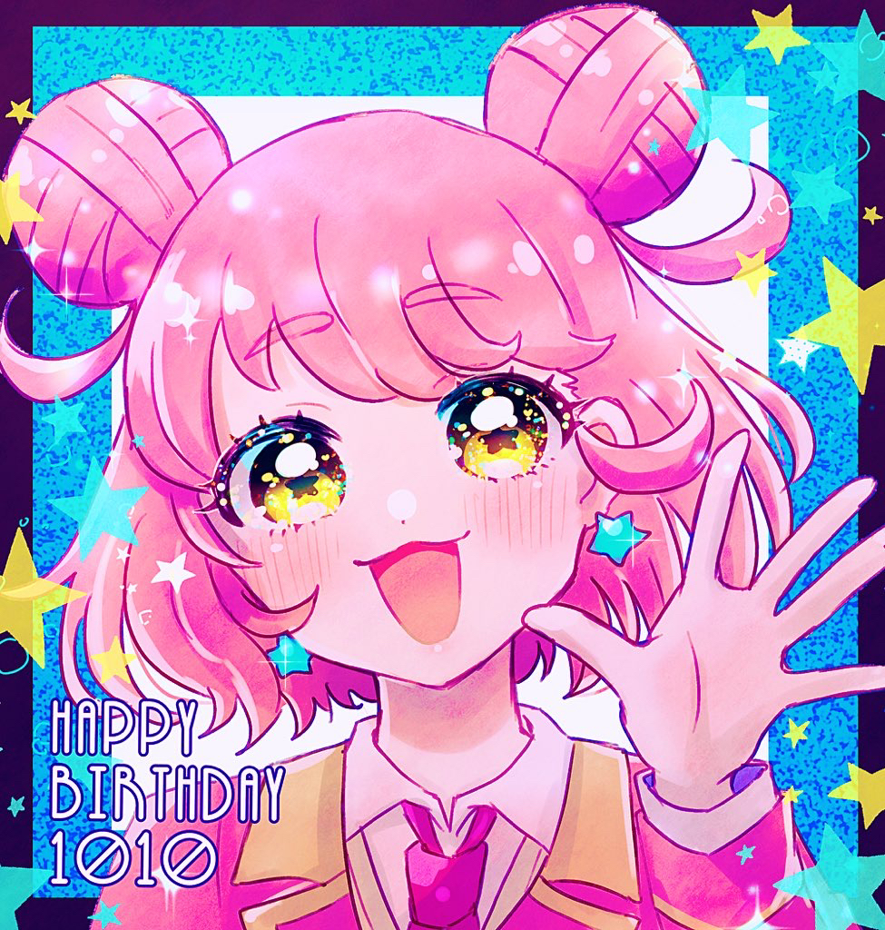 1girl :d blush double_bun earrings hair_bun happy_birthday jewelry kiracchu_(pri_chan) kiratto_pri_chan long_hair looking_at_viewer necktie open_mouth pink_hair pretty_series smile solo star-shaped_pupils star_(symbol) star_earrings symbol-shaped_pupils upper_body waving yellow_eyes yumenocorona