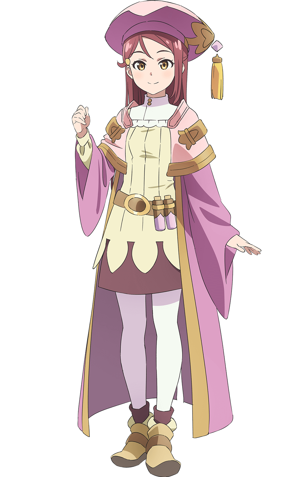 1girl brown_shoes brown_skirt coat full_body genjitsu_no_yohane hair_ornament hairclip half_updo hat hat_tassel highres long_hair long_sleeves love_live! love_live!_sunshine!! miniskirt official_art open_clothes open_coat pantyhose pink_coat pink_hat red_hair riko_(genjitsu_no_yohane) sakurauchi_riko shirt shoes simple_background skirt solo standing tachi-e transparent_background white_pantyhose yellow_eyes yellow_shirt