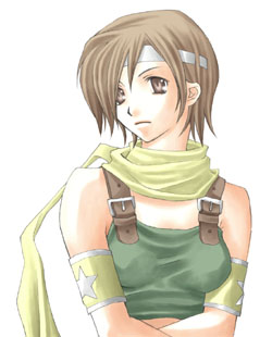 1girl alternate_costume armlet brown_eyes brown_hair commentary crop_top crossed_arms expressionless final_fantasy final_fantasy_vii green_shirt hair_over_shoulder headband jewelry lowres rendezvous scarf shirt short_hair simple_background solo star_(symbol) upper_body white_background yellow_scarf yuffie_kisaragi