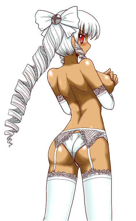 1girl ass back bad_id bad_pixiv_id blush breast_hold breasts covering_breasts covering_privates dark-skinned_female dark_skin drill_hair elbow_gloves female_focus garter_belt garter_straps gloves lace lace-trimmed_legwear lace_trim lingerie looking_back mono_(moiky) mono_(pixiv38972) os-tan panties ponytail red_eyes solo thighhighs topless_female underwear vista-tan vistake white_hair white_panties white_thighhighs