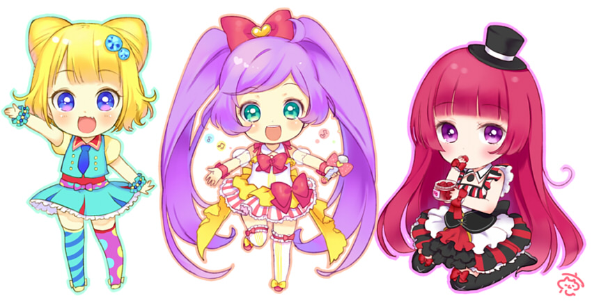 3girls :d arm_up blonde_hair blue_eyes bow chibi double_bun eating full_body green_eyes hair_bow hair_bun hat hojo_sophy holding holding_jar holding_microphone idol_clothes jar long_hair looking_at_viewer manaka_laala microphone minami_mirei mini_hat mini_top_hat multiple_girls open_mouth pretty_series pripara purple_eyes purple_hair red_hair short_hair simple_background smile top_hat touyama_soboro twintails white_background